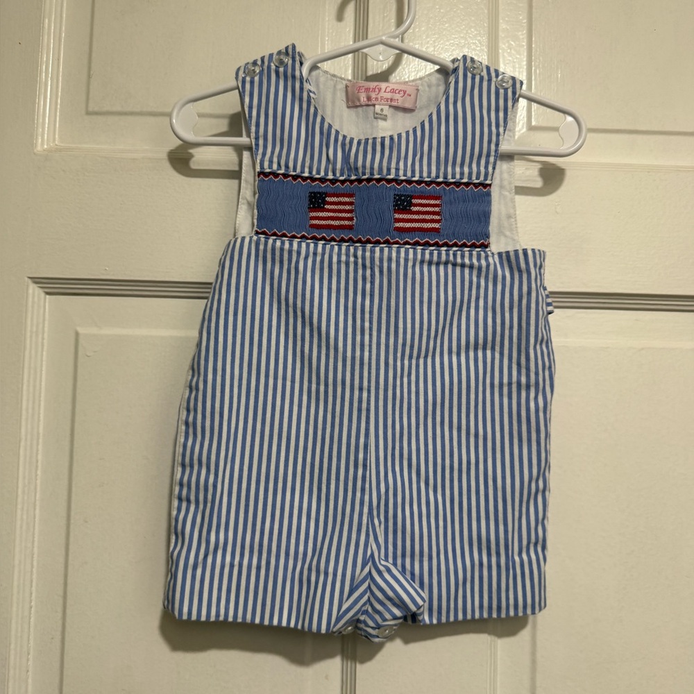 Boys Smocked American Flag Fourth of July Shortalls Jon Jon One Piece Outfit 6M